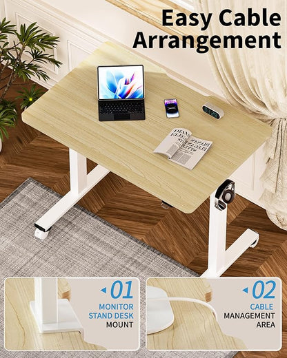 Okin Electric Standing Desk, 40 x 24 Inches Whole Piece Height Adjustable Desk, Oak Sit to Stand Desks Computer Workstation with Wheels for Home Office