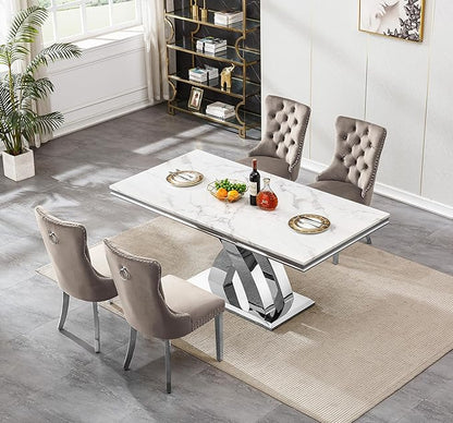 Modern White Marble Dining Table Set for 4,5-Piece Kitchen Table and Chairs for 4,Luxury Silver Dining Room Table Set w/68" Rectangle Dinner Table & 4 Grey Velvet Chairs for Kitchen Dining Room