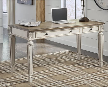 Signature Design by Ashley Realyn Farmhouse 60" Home Office Desk with USB Charging, Chipped White