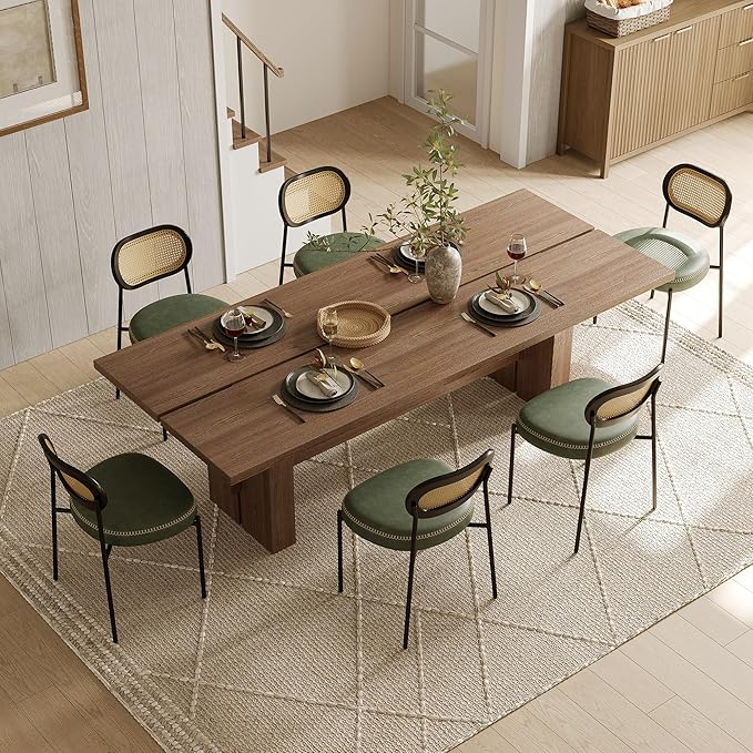 Rattan Dining Chairs Set of 6, Green Leather Upholstered Dining Chairs with Rattan Cane Back, Mid Century Modern Dining Room Chairs with Black Metal Legs & D-Shaped Thicken Cushion, Green
