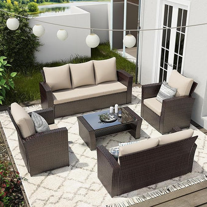Wisteria Lane 5 Piece Outdoor Patio Furniture Sets, Wicker Conversation Set for Porch Deck, Brown Rattan Sofa Chair with Cushion