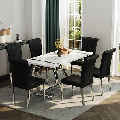 ACEDÉCOR 60in White and Silver Dining Table for 4-6, Modern Luxury Kitchen Room Table with Rectangular Lacquer Top and Silver Stainless Steel Circle Base