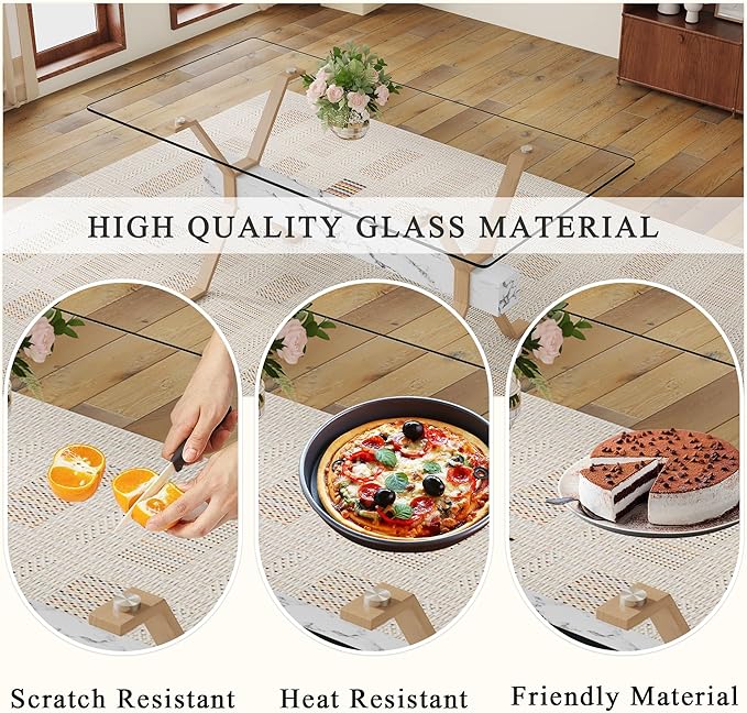Glass Dining Table 71"｜Modern Dining Table for 6-8｜0.4" Thick Tempered Glass Top｜Wood Pattern Metal Legs｜Marble Crossbar｜Easy Assembly｜Perfect for Dining Room or Kitchen