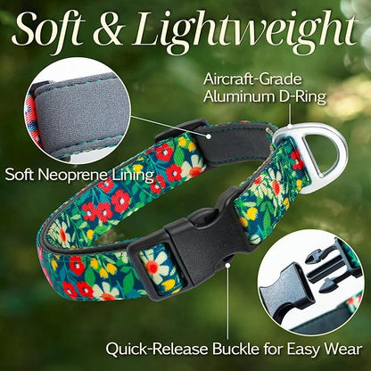Dog Collar for Large Dogs with Reflective Logo and Soft Padded Neoprene,Floral Print Design,Adjustable,Lightweight & Durable, Neck Size 16’’-25’’ (Floral, L)
