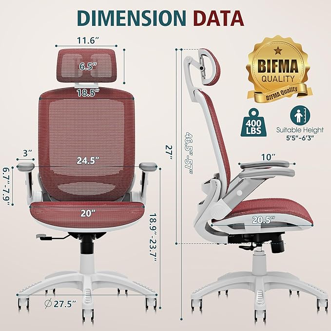 GABRYLLY Ergonomic Office Chair, High Back Home Desk Chair with Headrest, Flip-Up Arms, 90-120° Tilt Lock and Wide Cushion, 400LBS Mesh Chairs for Man Woman, White Task Chair(Red,GY01WR)
