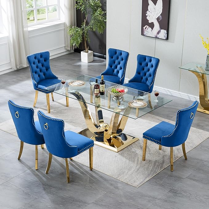 70" Modern Gold Glass Dining Table Set for 6, 7-Piece Rectangle Kitchen Dining Room Table Set with Steel Base & 6 Blue Velvet Upholstered Chairs, Modern Glass Kitchen Table and Chairs Set of 6