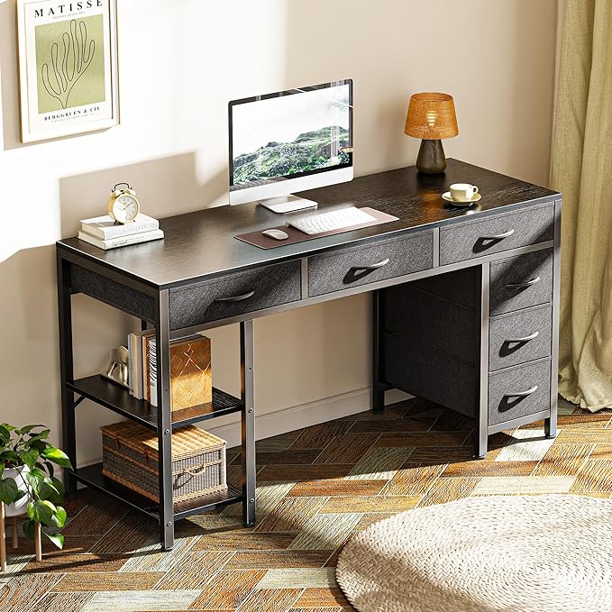 Huuger Computer Desk with 6 Drawers, 47 Inch Office Desk with Shelves, Reversible Gaming Desk, Corner Desk with Storage, Work Desk for Home Office, Study, Living Room, Black