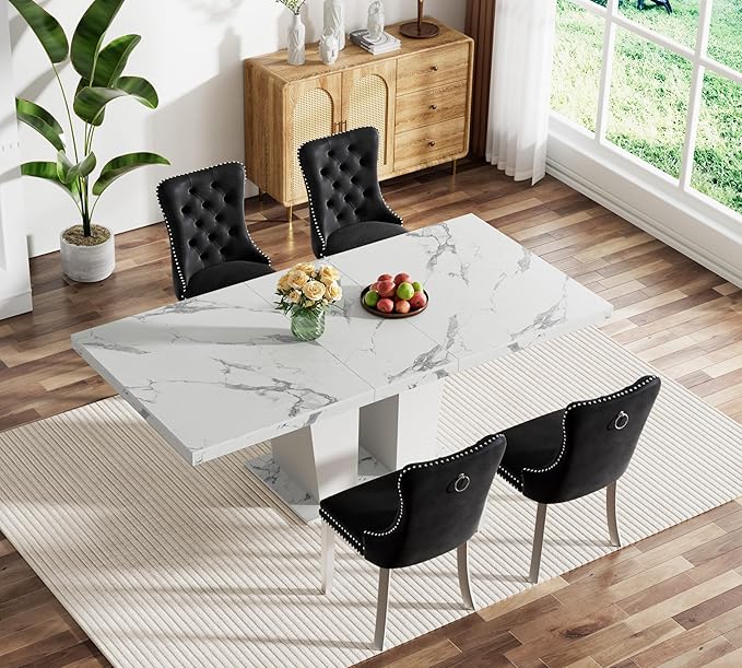 5-Piece Extendable Dining Table Set for 4-8 People 63-78 Inch Kitchen Table Set with 4 Black Upholstered Chairs Modern White Faux Marble Rectangular Dining Room Table Set for Kitchen Apartment