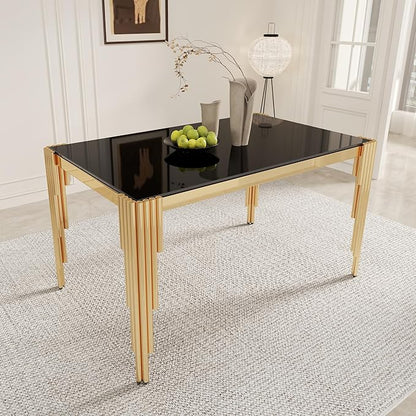 51" Rectangle Glass Dining Table, Modern Kitchen Table with Tempered Glass Top and Tubular Stainless Steel Legs for 4-6, Easy Assembly for Kitchen, Dining Room (Black, Gold)