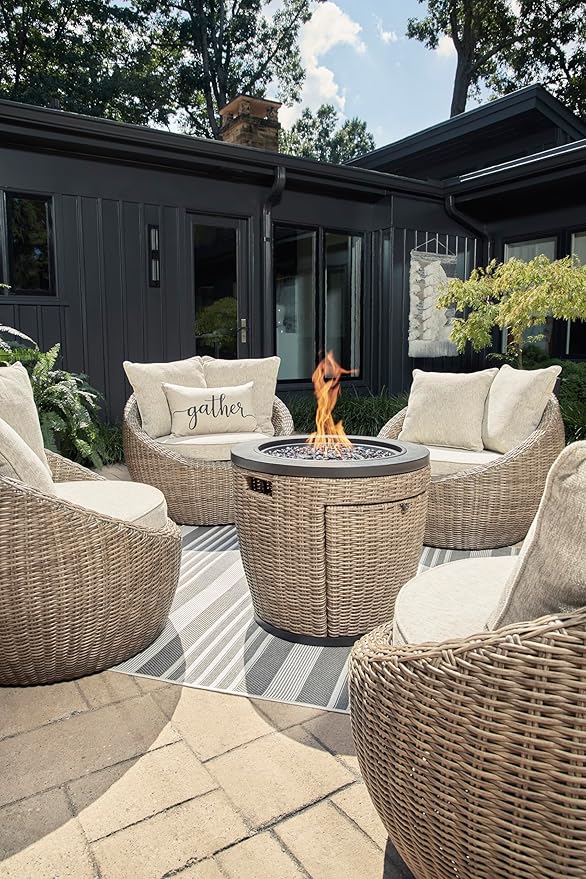 Signature Design by Ashley Danson Outdoor Lounge Chair with Cushion and 360-Degree Swivel, Set of 2, UV-Resistant Performance Fabric and Resin Wicker, Light Brown