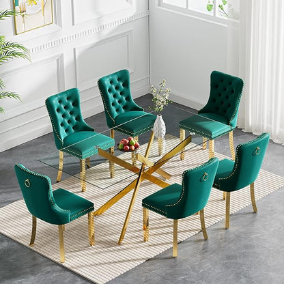 Goujxcy 7 Piece Glass Dining Table Set Modern Glass Dining Table Set for 6, 61" Rectangular Gold Kitchen Table and 6 Velvet Upholstered Chairs, Gold Table & Green Chair