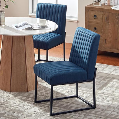 VKNOW Upholstered Dining Chairs, Modern Dining Room Chairs with Stripe, Linen Kitchen Chair Dinner Chair with Black Metal Base for Kitchen Office, Blue