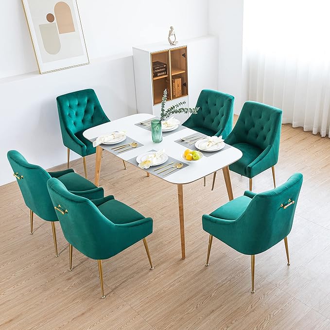 Modern Dining Chair Set of 2, Mid-Century Room Chair, Upholstered Comfortable Velvet with Back Pull Rod and Metal Legs for Kitchen, Dining, Living (Green), (DYXSD)