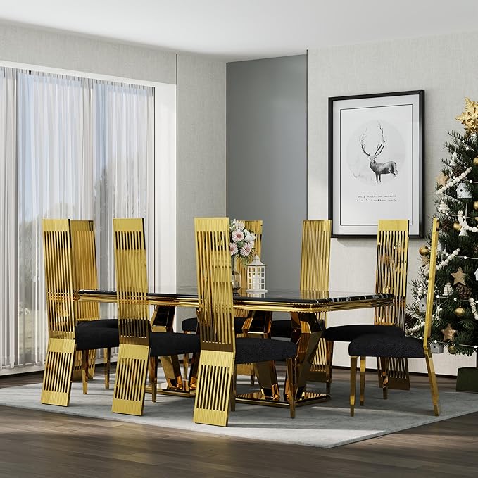 Dining Chairs Set of 2, Black and Gold Dining Room Chairs, Upholstered Dining Chairs with Polished Metal Legs and High Back