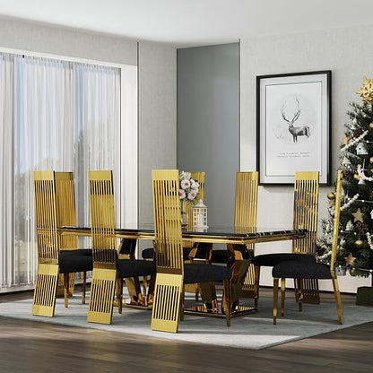 Dining Chairs Set of 2, Black and Gold Dining Room Chairs, Upholstered Dining Chairs with Polished Metal Legs and High Back