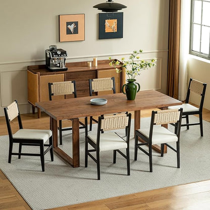 Chogori Wooden Dining Chairs, Modern Farmhouse Kitchen & Dining Room Accent Side Chairs with Woven Rope Back and Fabric Upholstered for Home, Living Room (Black, Set of 4)
