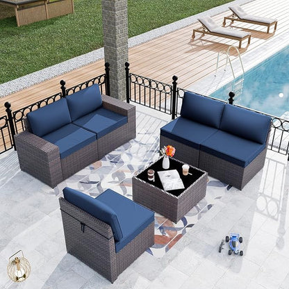 Kurapika 6 Pieces Patio Furniture Set, Rattan Outdoor Conversation Sets w/4 Inch Cushion and Glass Coffee Table(Navy Blue)
