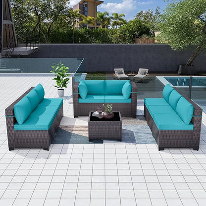 Kurapika 9 Pieces Patio Furniture Set, Rattan Wicker Outdoor Conversation Sets w/4 Inch Cushion and Glass Coffee Table(Blue)