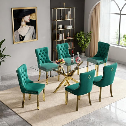 Goujxcy 51" Glass Dining Table Set for 6, Modern Kitchen Table and Chairs Set w/Steel Legs, 7-Piece Dining Table Set w/Glass Gold Dining Table and 6 Green Velvet Chairs for Kitchen Dining Room