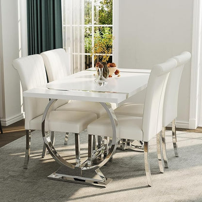 ACEDÉCOR 60in White and Silver Dining Table for 4-6, Modern Luxury Kitchen Room Table with Rectangular Lacquer Top and Silver Stainless Steel Circle Base