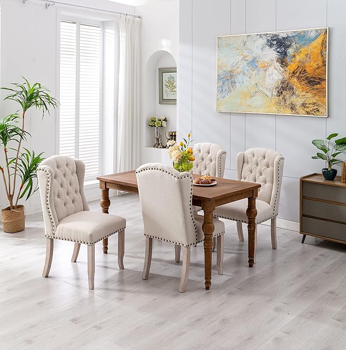 DUOMAY Modern Tufted Dining Chairs Set of 6, Linen Upholstered Dining Room Chairs Armless Guest Side Chair for Kitchen Dining Room, Wingback Accent Chairs with Solid Wood, Beige