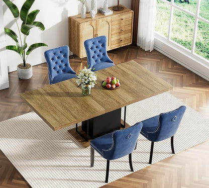 Goujxcy 78.7" Farmhouse Extendable Dining Room Table Set for 4, 5-Piece Rectangle Kitchen Dining Room Table Set with Wood Base and 4 Blue Velvet Dining Chairs, Extending Kitchen & Dining Table Set
