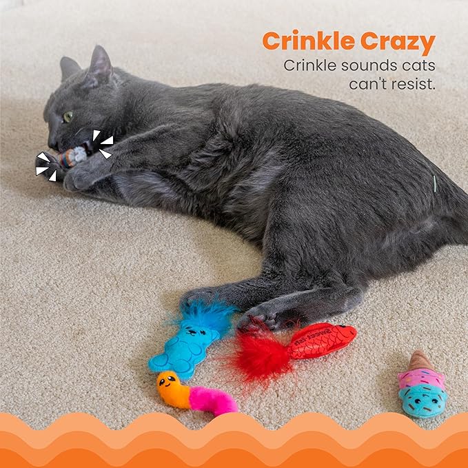 Catstages Kitty Sweet Treats, 6-Pack Catnip Plush Toys with Crinkle & Feathers, Multicolored