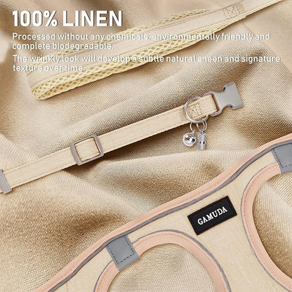 GAMUDA Small Pet Harness Collar and Leash Set, Step in No Chock No Pull Linen Fabric Soft Mesh Dog Vest Harnesses Reflective for Dogs Puppy Cats Kitten Rabbit (Khaki, M)