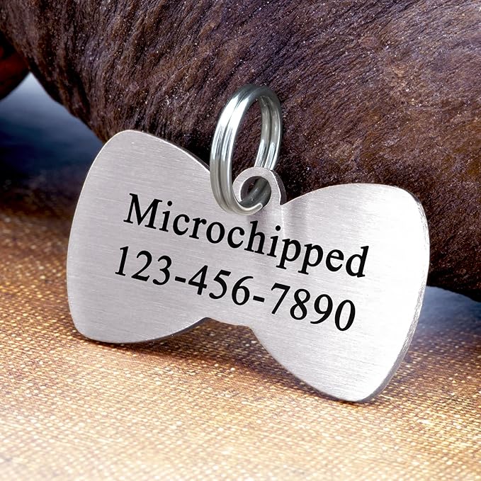Ultra Joys Cat ID Tag Personalized Pet Tags, Durable Stainless Steel Small Pet Mini Dog Cat Tag Lightweight - Bowtie Tag in Silver