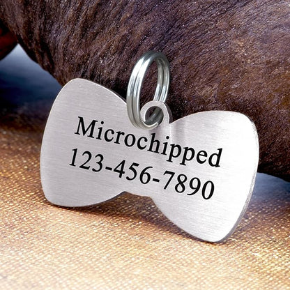 Ultra Joys Cat ID Tag Personalized Pet Tags, Durable Stainless Steel Small Pet Mini Dog Cat Tag Lightweight - Bowtie Tag in Silver