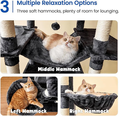 MWPO Extra Large Cat Tree, 77.6-Inch Tall Cat Tower for Indoor Cats with 2 Condos, Multi-Level Cat Stand for Large Cats, 3 Hammocks, Wide Perch, Scratching Posts, Dangling Toys, Smoky Grey