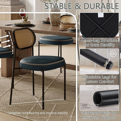 Rattan Dining Chairs Set of 2, Blue Leather Upholstered Dining Chairs with Rattan Cane Back, Mid Century Modern Dining Room Chairs with Black Metal Legs & D-Shaped Thicken Cushion, Blue