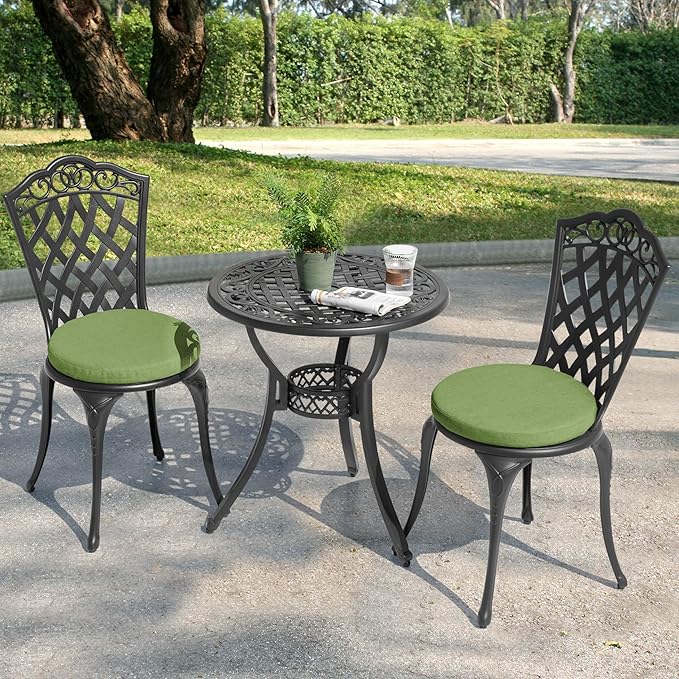 NUU GARDEN 3-Piece Patio Bistro Set Outdoor Cast Aluminum Bistro Table and Chairs Set of 2, Outdoor Patio Bistro Set with Umbrella Hole and Green Cushions for Patio Balcony, Black