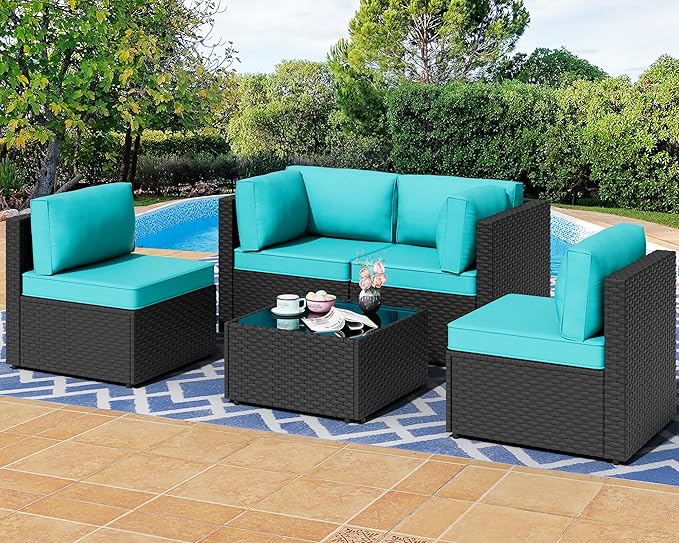 Shintenchi 5 Pieces Outdoor Patio Sectional Sofa Couch, Black PE Wicker Furniture Sets, Patio Conversation Sets with Washable Cushions Glass Coffee Table for Garden, Poolside, Backyard,Blue