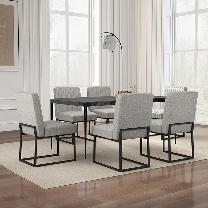 VKNOW Upholstered Dining Chairs Set of 6, Modern Dining Room Chairs with Stripe, Linen Kitchen Chair Dinner Chair with Black Metal Base for Kitchen Office, Light Grey