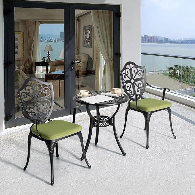 NUU GARDEN Outdoor 3 Piece Bistro Set with Cushions Round 24 Inch Cast Aluminum Table with 2.17 Inch Umbrella Hole and 2 Cast Aluminum Bistro Chairs for Patio Garden Backyard and Balcony Black