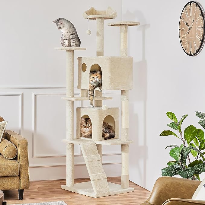 Yaheetech XL Cat Tree, 80in Multi-Level Tower w/Scratching Posts, Double Condo, Perched Platforms & Dangling Balls, Cat Stand House for Kittens