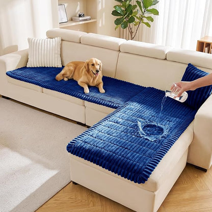 FUANGUI 2 Pack Waterproof Couch Cover for Dogs Pets Sofa Protector | Non-Slip Washable Fuzzy Soft Sofa Slipcover for 2 PCS L Shaped Sofa Pet Friendly, 27.6" x 70.9"+27.6" x 82.7", Navy Blue