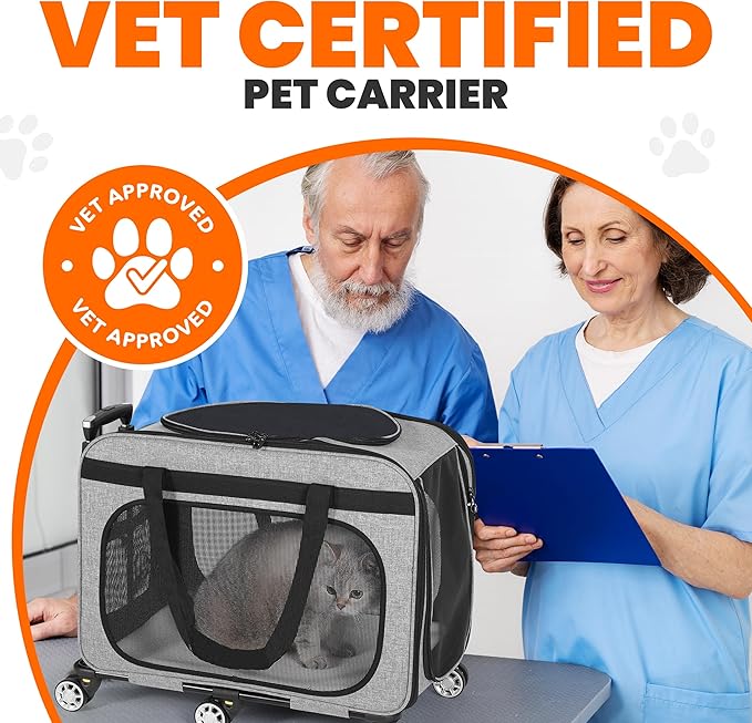 XL Cat & Small Dog Carrier | 25" L x 16" W x 17" H - up to 40 lbs - NOT TSA Compliant - Small Dogs or Large Cat Carrier with Wheels - Extending Handle, 360° Rotation Wheels & Extra Ventilation