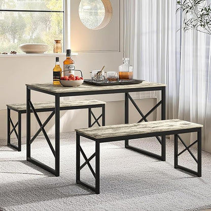 VECELO Kitchen Dining Table Benches Set for 4, 43.3" Wooden Dinette with 2 Benches, Heavy-Duty Dining Room Table for Small Space, Breakfast Nook, Grey