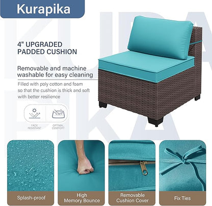 Kurapika 8 Pieces Patio Furniture Set, Rattan Wicker Outdoor Conversation Sets w/43in Propane Fire Pit Table and 4 Inch Cushion(Blue)