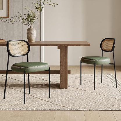 Rattan Dining Chairs Set of 2, Green Leather Upholstered Dining Chairs with Rattan Cane Back, Mid Century Modern Dining Room Chairs with Black Metal Legs & D-Shaped Thicken Cushion, Green