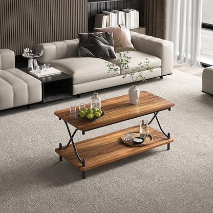 VECELO 39-Inch Coffee Table with Storage and Open Shelves for Living Dining Room, Modern Rectangle & Industrial Design, X-Shape Frame, Brown