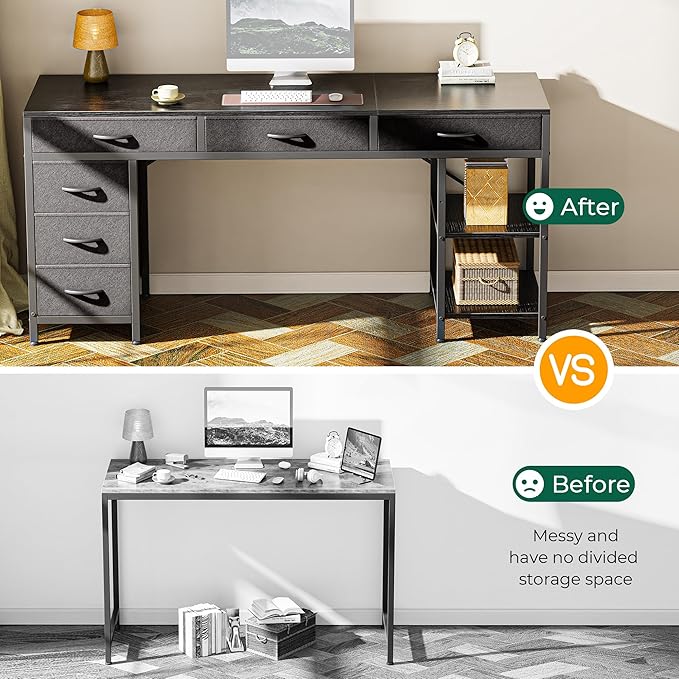 Huuger Computer Desk with 6 Drawers, 63 Inch Office Desk with Shelves, Reversible Gaming Desk, Corner Desk with Storage, for Home Office, Study, Living Room, Black