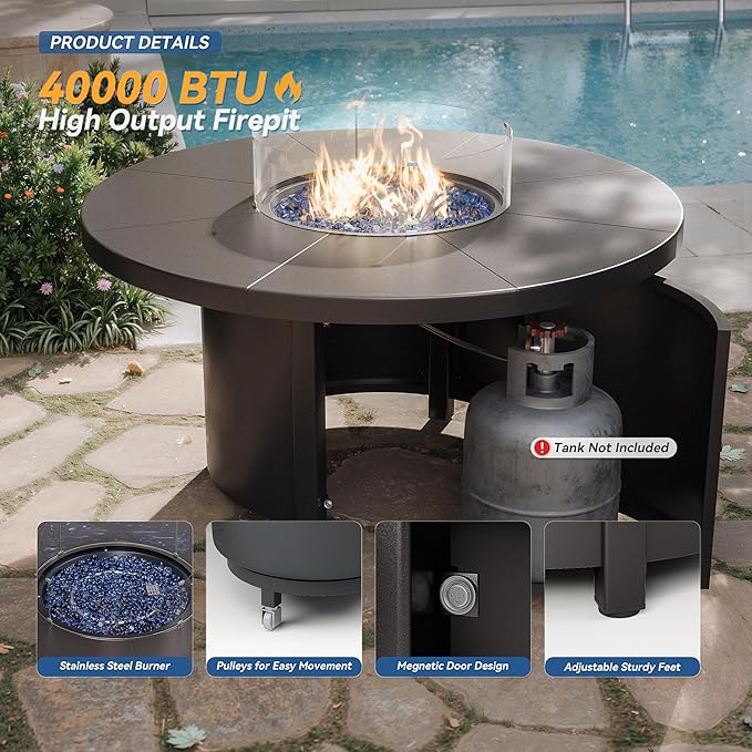 Kurapika 5 Pieces Patio Furniture Set, Rattan Wicker Outdoor Conversation Sets, 4 Woven Rattan Swivel Chairs w/48in Propane Fire Pit Table and Thickened Cushions, Blue