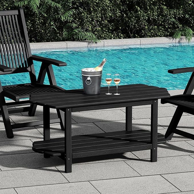 Adirondack Outdoor Patio Table-2 Tier Black Coffee Table Irregular Outside Table for Backyard Pool
