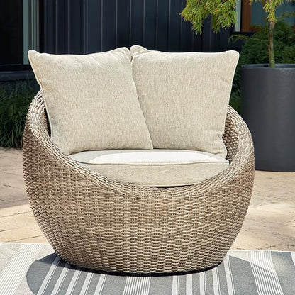 Signature Design by Ashley Danson Outdoor Lounge Chair with Cushion and 360-Degree Swivel, Set of 2, UV-Resistant Performance Fabric and Resin Wicker, Light Brown