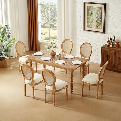 Nrizc Farmhouse Fabric Dining Room Chairs Set of 6, French Chairs with Round Back, Rattan Dining Chair, Oval Side Chair for Dining Room/Kitchen/Restaurant