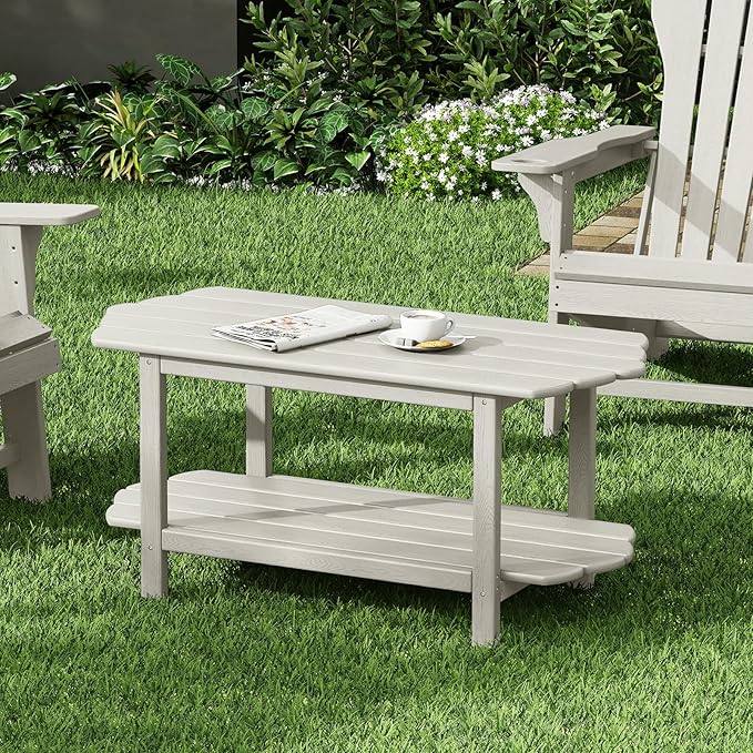 2 Tier Patio Table-White Outdoor Coffee Table Adirondack Balcony Table for Garden Pool