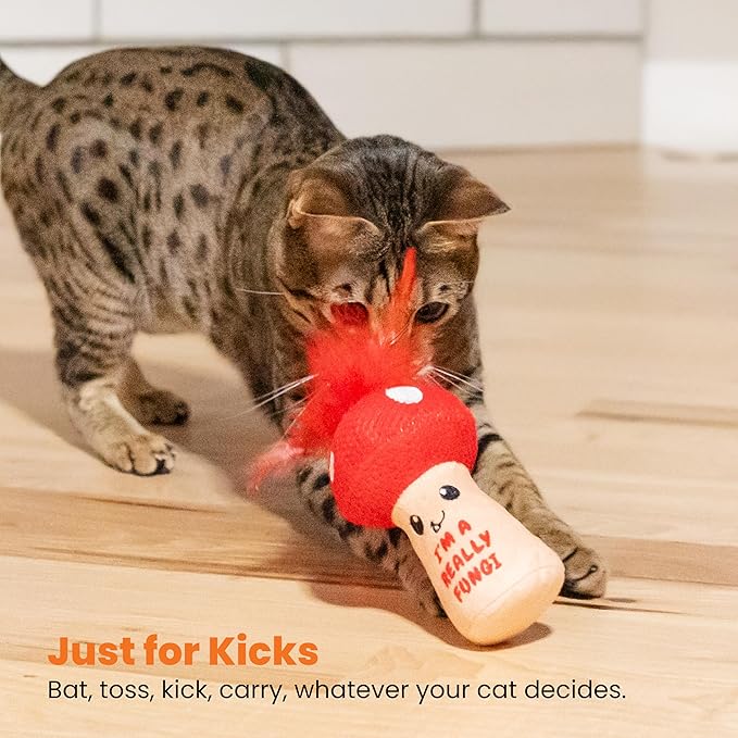 Catstages A Really Fungi Cat Kicker Toy with Catnip and Dental Mesh, Mushroom Shape, Plush and Feather Cat Toy for Kicking, Tossing, and Teeth Cleaning, Red